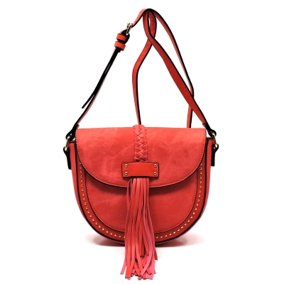 Round Studded Shape Messenger Handbag Design Faux Leather BS103 39856 Coral